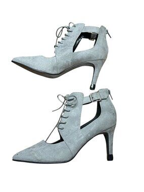 Sole Diva Gray Faux Suede Lace Up Pointed Toe Heels Booties Women's Size 9.5 (7E